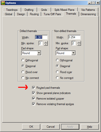 Kuparointiin liittyviä asetuksia Kuparointialueen sähköisen kytkeytymisen asetukset löytyvät: Tools -> Options -> Thermals Salli Routed pad thermals ( Oletuksena pois päältä ) Oletuksena ohjelma