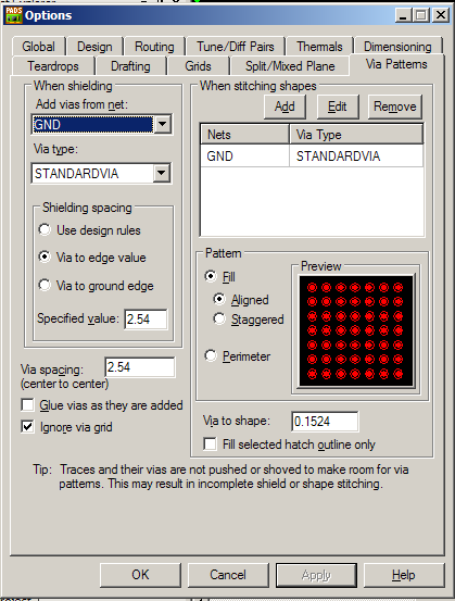 Johdintasoiksi määritellyillä tasoilla kuparoinnin lisäasetukset löytyvät: Tools -> Options -> Drafting Täältä on asetettavissa kuparoinnin reunan minimi taivutussäde ( Sr ) ja pienin toteutettava