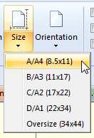 Toiminnot piirtoalustan koon muuttamiseksi löytyvät View-valintanauhasta. Siellä Size painikkeen alaosasta avautuu lista, josta voi valita paperikoon (Kuva 24).