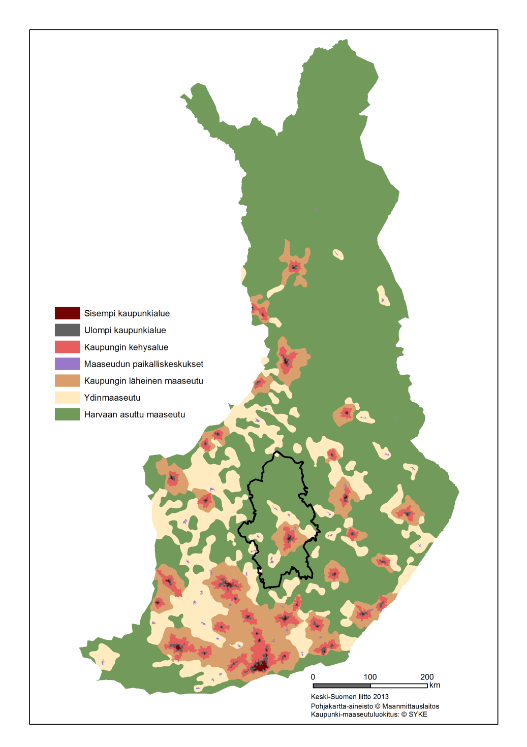 Kuvio 2. Kaupunki-maaseutu luokitus (Suomen ympäristökeskus 2013) Vuonna 2040 maakunta on edelleen monikeskuksinen. Jyväskylä on maakunnan keskus.