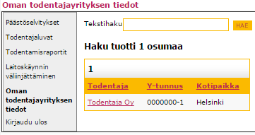 6 (24) Kuva 6 Todentajalista Listalla olevia todentajia voidaan hakea todentajan nimen, y-tunnuksen ja kotipaikan perusteella.