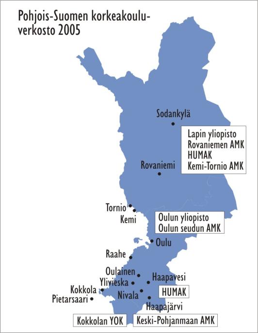 14 Kuva 3. Pohjois-Suomen korkeakouluverkosto. Lähde: Osaava Pohjois-Suomi strategia 2005 1.4.4 Yritystoiminnan kehitys Pohjois-Suomen maakuntien kehitys on kahden viime vuoden ajalta ollut myönteistä, mitä havainnollistaa kuvat 5a ja 5b.