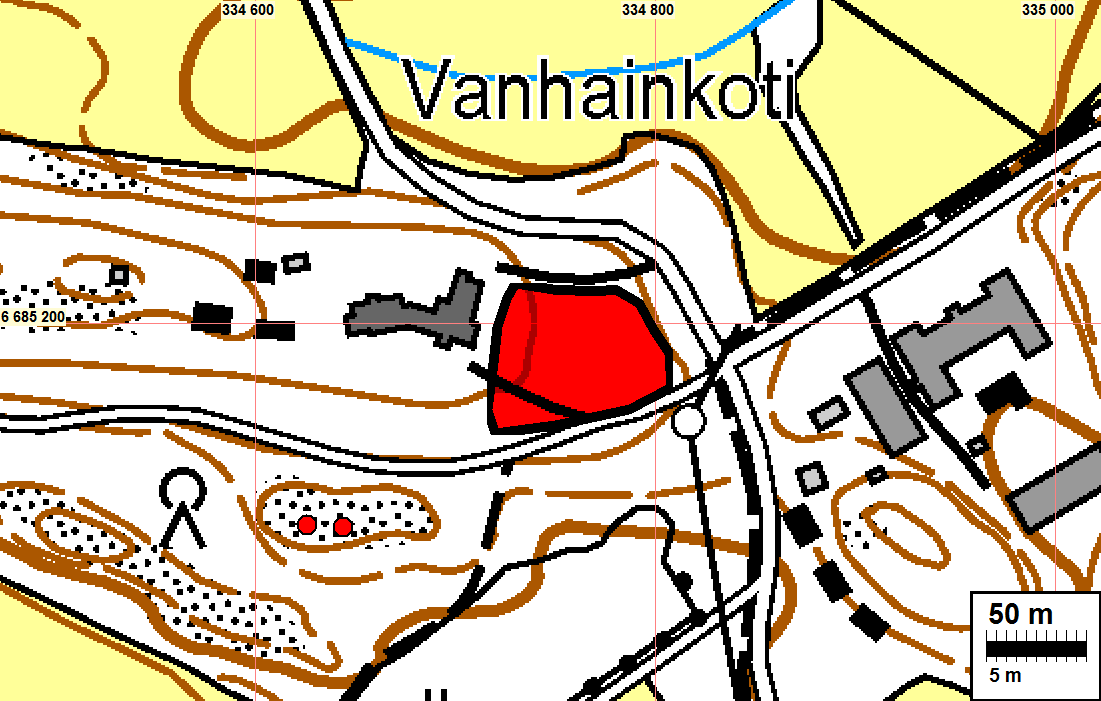 vanhan karttamateriaalin, maaston ja topografian sekä alueen kylähistorian (useita taloja) perusteella.
