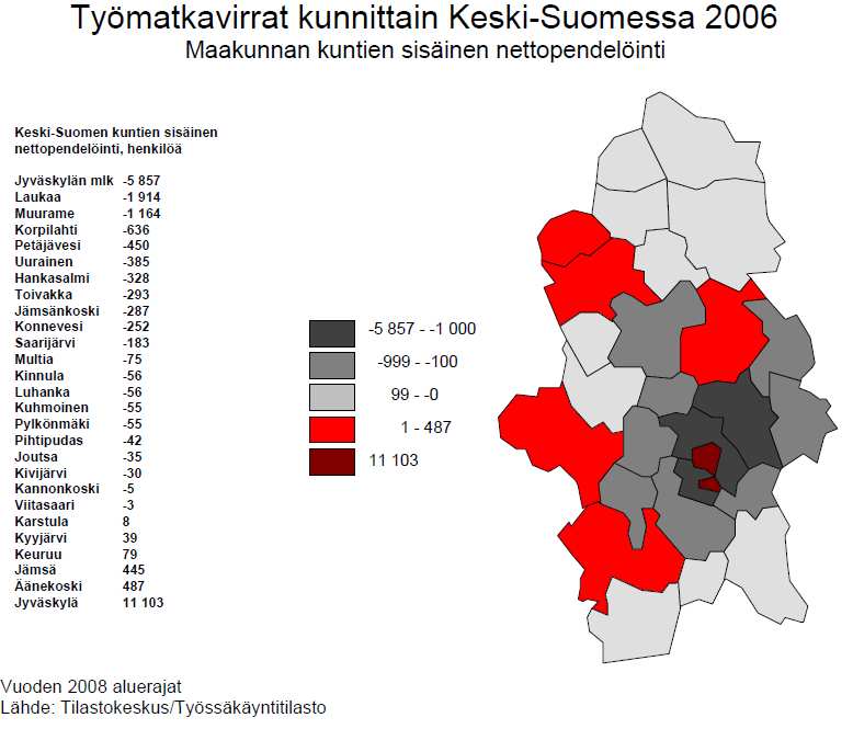 23 3.4 Työssäkäynti Keski-Suomen maakunnan teoreettinen työpaikkaomavaraisuus oli vuonna 2007 noin 98 % eli Keski-Suomessa oli työpaikkoja jonkin verran vähemmän kuin työllisiä.