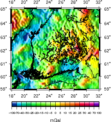 15 Painovoima geodesiassa Kuva 15.15. Ilma- ja Bouguer-anomaliat Etelä-Suomessa laskettuna EGM08-geopotentiaalimallista.