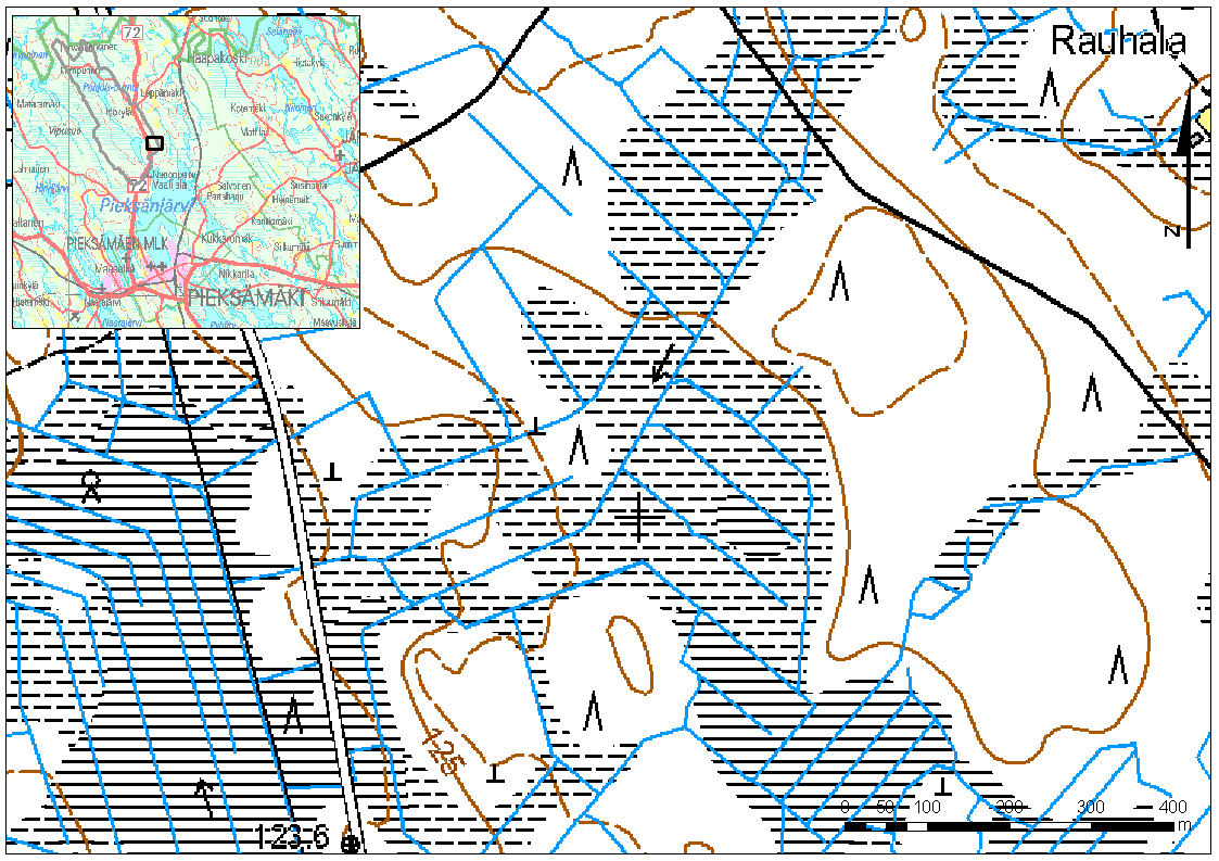 Kuva 9. Rauhalan tutkimusalue (Peruskartta, Maanmittauslaitos 2007, Yleiskartta, Maanmittauslaitos 2009, Korkeusvyöhykekartta Maanmittauslaitos, valuma-alue OIVA ympäristö- ja paikkatietopalvelu).