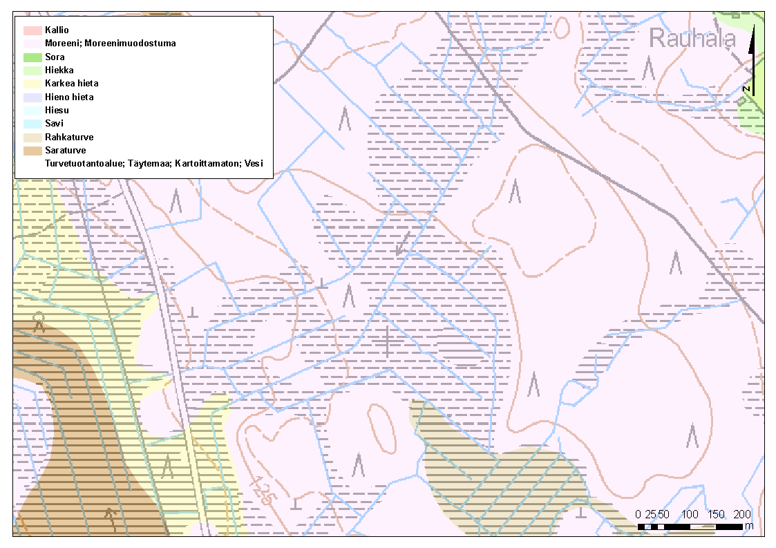 Kuva 10. Rauhalan tutkimusojitusalueen 1:20 000 maaperäaineisto ( Geologian tutkimuskeskus 2007, pohjakarttana Peruskartta, Maanmittauslaitos 2007).