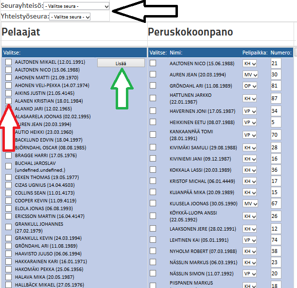 JOUKKUEEN PERUSKOKOONPANO Pelaajat -sarakkeessa on lueteltu kaikki seuran pelaajat Rastita oikeat pelaajat Paina Lisää jolloin valitut pelaajat siirtyvät