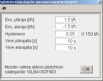 24 Kuva 4.2 Pitolohkon on/off -painike ja viritysikkunan pop-up-painike Kuvassa 4.3 on viritysikkuna avattuna.