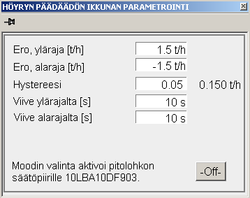 42 Liite 4/2 Moodin parametrit: Moodin aktivointipainikkeen alapuolella on Viritys -painike, josta aukeaa ikkuna säätöön vaikuttavien parametrien muuttamista varten.