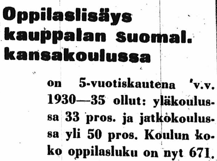 Koulun tilat olivat liian pienet ja vähitellen ruvettiin suunnittelemaan kansakoululle lisärakennusta harjulle. Ilmakuva kauppalasta Otsikoita Länsi-Uusimaa -lehdessä 28.5.