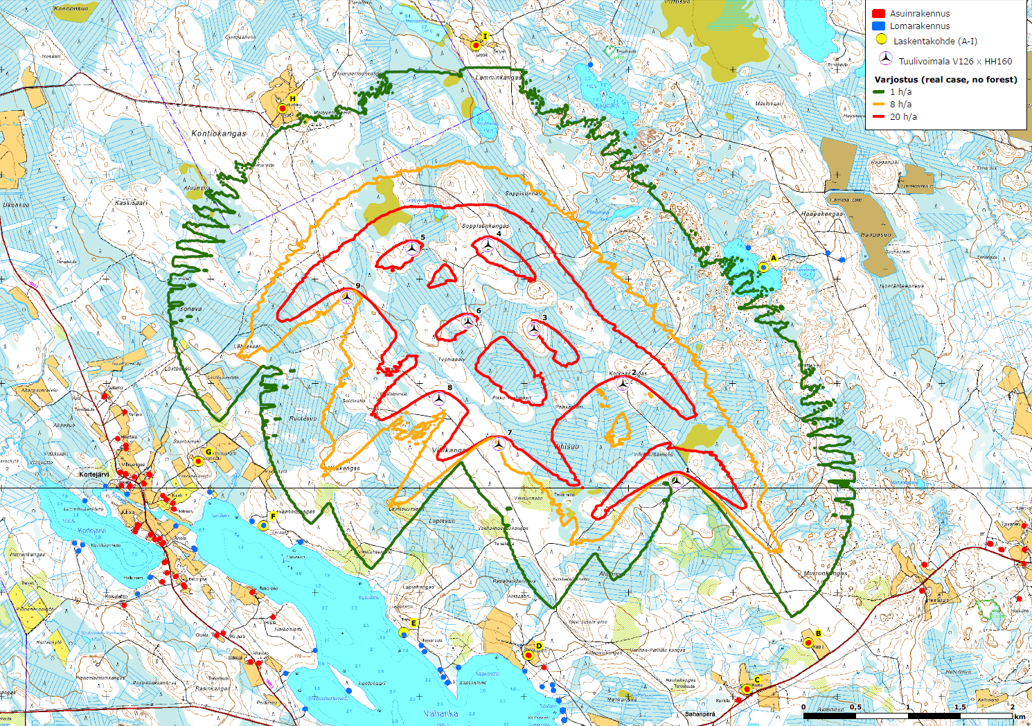 FCG SUUNNITTELU JA TEKNIIKKA OY Kaavaselostus 68 (80) Kuva 29 Varjostusmallinnus luonnosvaiheessa. Mukana laskentapisteet A-N, ei puuston vaikutusta 10.11.