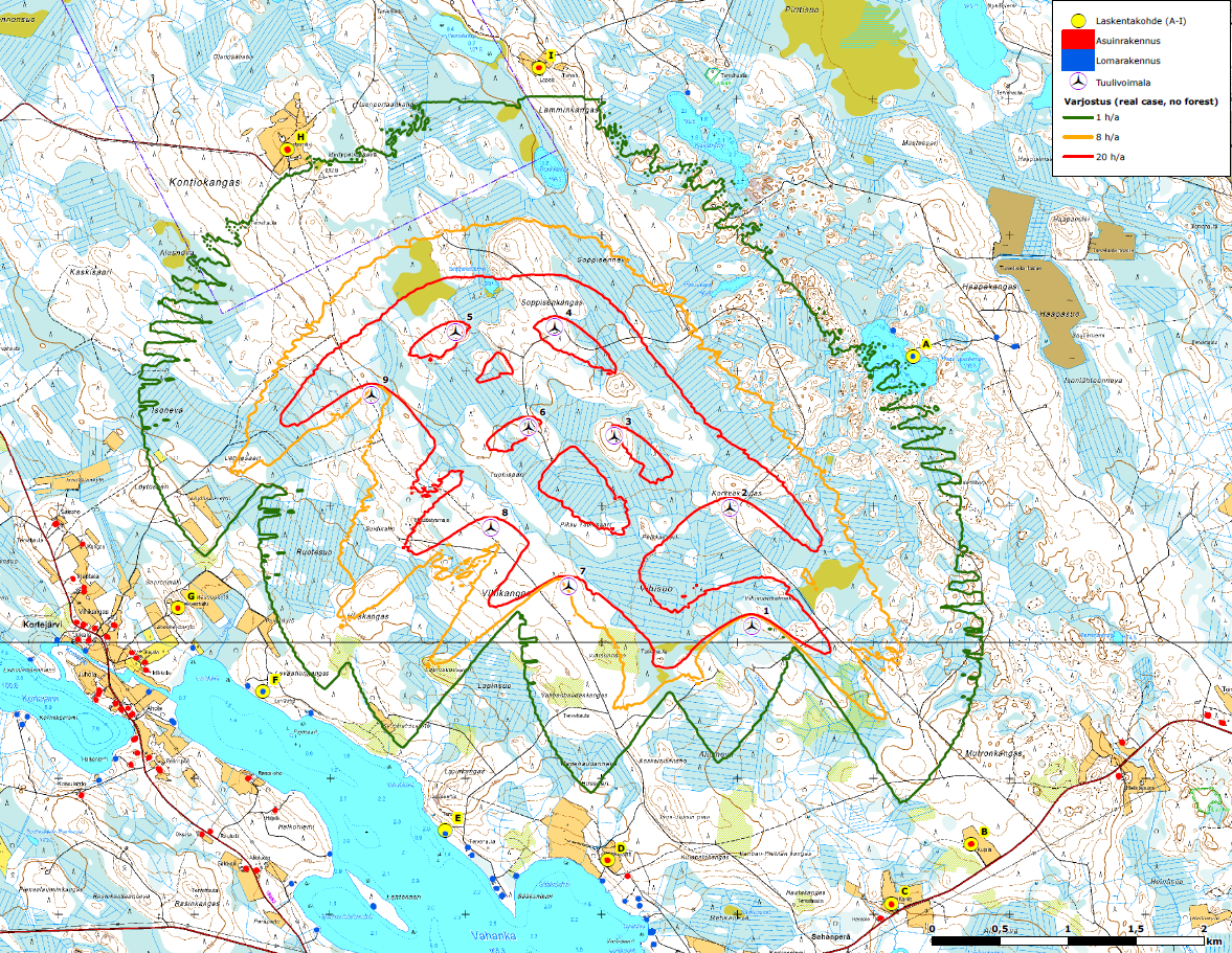 FCG SUUNNITTELU JA TEKNIIKKA OY Kaavaselostus 70 (80) Kuva 30 Varjostusmallinnus ehdotusvaiheessa. Mukana laskentapisteet A-N, ei puuston vaikutusta 10.