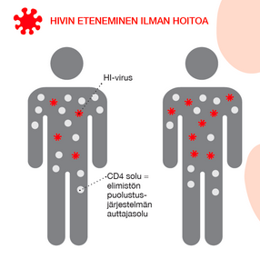 Hiv tuhoaa ihmisen puolustusjärjestelmää Viruksen aiheuttama sairaus Virus tunkeutuu ihmisen valkosoluihin ja heikentää niiden toimintaa ja siten ihmisen