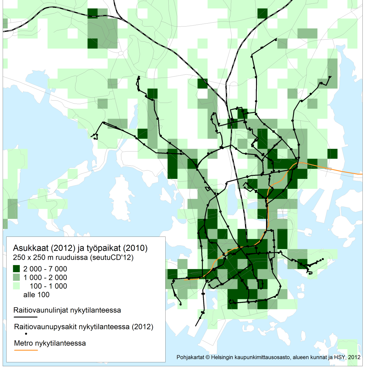 20 Kuva 6. Asukasluku (v. 2012) ja työpaikkojen lukumäärä (v. 2010) yhteensä 250 m * 250 m -ruuduissa raitioliikenteen toiminta-alueella. 2.2 Väestöennusteet Väestön määrä raitioliikenteen palvelualueella tulee kokonaisuutena kasvamaan seuraavan kymmenen vuoden aikana.