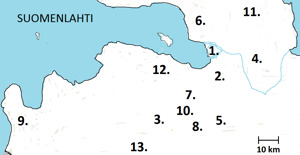 Kanneljärvi 16. Kontupohja 17. Petroskoi 18. Pitkäranta 19. Sortavala 20. Terijoki 21. Viipuri Karttojen ulkopuolella olevat seurakunnat: 22.