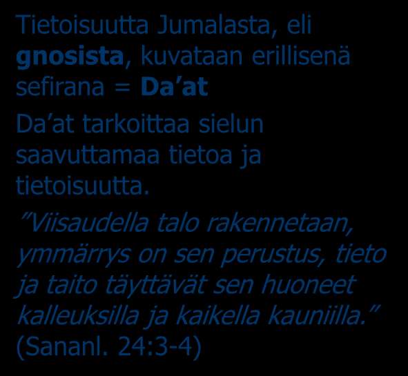 Gnosis kabbalassa Tietoisuutta Jumalasta, eli gnosista, kuvataan erillisenä sefirana = Da at Da at tarkoittaa sielun saavuttamaa tietoa ja