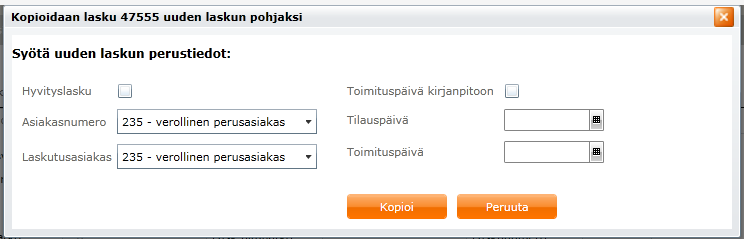 Toukokuu 2015 30 (88) Hyvityslasku - Veloituslaskun voi kopioida hyvityslaskuksi ja päinvastoin ruksin arvoa muuttamalla - Oletuksena on mallilaskun laskutyyppi Asiakasnumero - Laskun