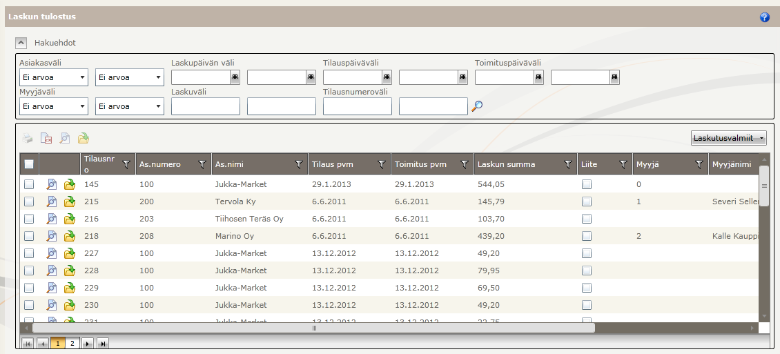 Toukokuu 2015 36 (88) Laskunumero Käytetään useimmiten vain uusintatulostuksessa Tilausnumeroväli Tilausnumero Valittujen laskujen listalta merkitään laskut, jotka halutaan tulostaa.