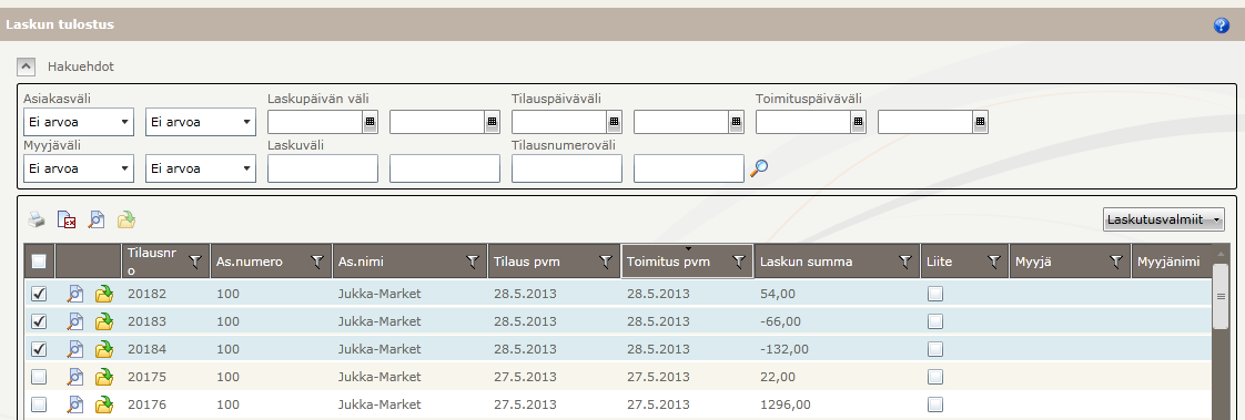 Toukokuu 2015 37 (88) Laskujen tulostus paperilaskuina kuvattu kohdassa 5.2 Laskun tulostus paperille Laskujen tulostus verkkolaskuina kuvattu kohdassa 5.