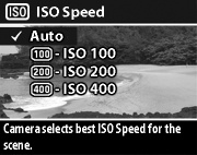 ISO speed (ISO-nopeus) ISO Speed (ISO-nopeus) -asetuksella säädetään kameran valoherkkyyttä. Auto (Automaattinen) -asetus toimii parhaiten. HUOM. Jos kamera on Toiminta-, Maisemakuva-, Muotokuva-, F2.