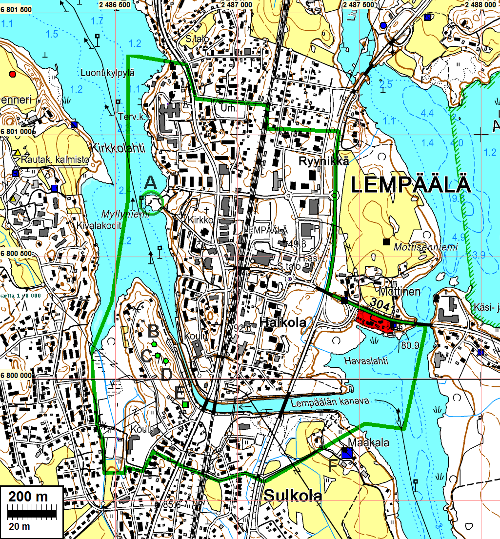 4 Yleiskartta Havaintopaikat: A Myllyniemi, B kuoppa, C - louhoskuoppa, D kuoppa, E talon perusta, F Maakalan (Heikkilä) vanha talotontti.