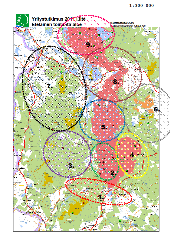 Kuva 3. Tutkimusalueen eteläinen toiminta-alue. Pallas Yllästunturin kansallispuisto on merkitty punaisella.