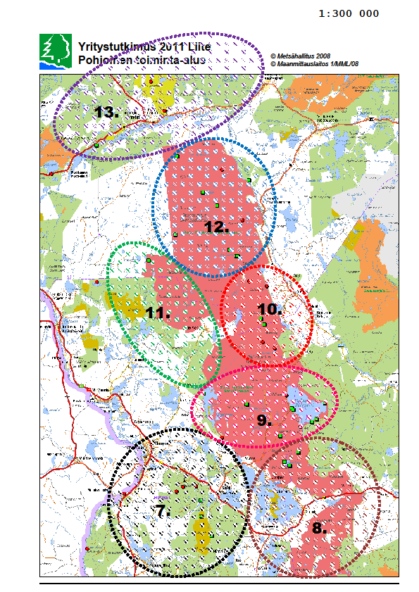 Kuva 4. Tutkimusalueen pohjoinen toiminta-alue. Pallas Yllästunturin kansallispuisto on merkitty punaisella.