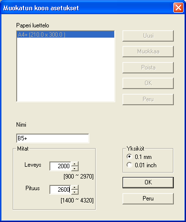 Kirjoitinajurin asetusten määrittely 3 Kirjoita "Nimi"-ruutuun paperikoon nimi. 4 Määritä "Mitat" -ryhmäruudussa paperin leveys ja korkeus.