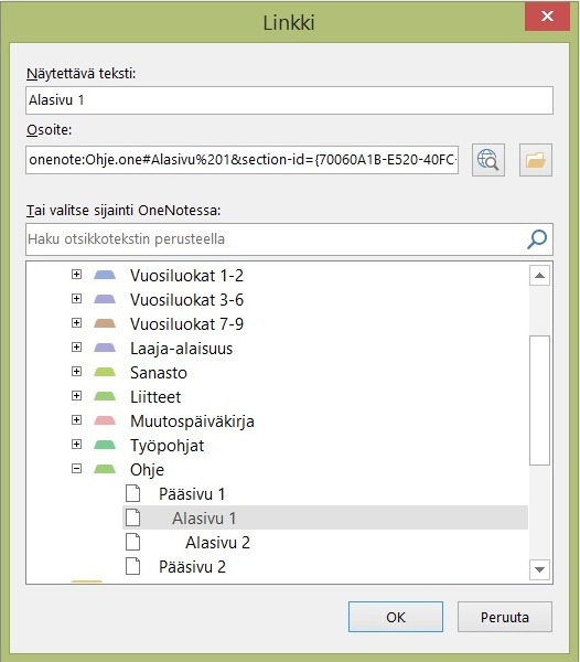 3. Valitse valikosta sisältö, johon haluat luoda linkin. Voit luoda linkin muistikirjaan, välilehteen, sivuun tai leipätekstiin.