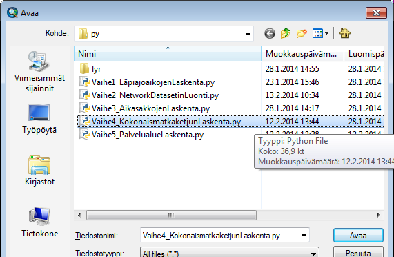 1. MetropAccess-Digiroadin käyttöönotto ArcGIS ohjelmistolla Python skriptien määrittäminen työkaluun: 4. Klikkaa hiiren oikealla työkalua 4.Kokonaismatkaketjun laskenta (sis.