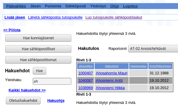 15 (37) 3.2.2. Laskujen lähetys sähköpostilla Mene jäsen sovellukseen. Klikkaa Hae sähköpostilliset. Hae ensin keille sähköpostilasku luodaan.