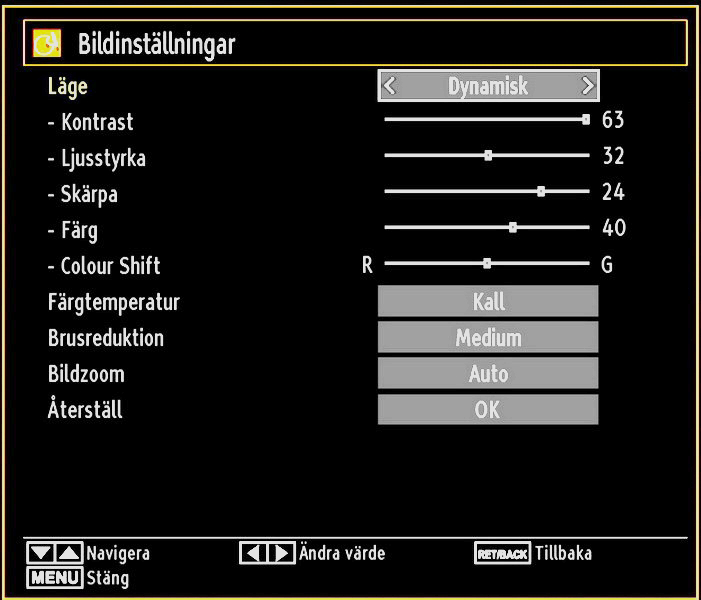 Tryck på OK-knappen för att visa inställningsmenyn för bild. Panoramisk Detta sträcker vänster och höger sida av normalbilden (bildformat 4:3) till att täcka skärmen, utan att bilden verkar onaturlig.