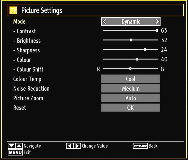 Configuring Picture Settings You can use different picture settings in detail. Press MENU button and select the Picture icon by using or button. Press OK button to view Picture Settings menu.