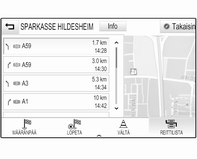 Reitin muuttaminen Voit muuttaa reittiä aktiivisen opastuksen aikana koskettamalla seuraavan käännöksen ilmaisevaa nuolisymbolia näytön oikeassa reunassa. Reittiopastusvalikko tulee näyttöön.