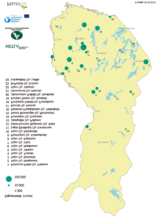 Suomessa sijaitsevat pelletintuotantolaitokset on esitetty kuvassa 12. Kartalla kuvatuista laitoksista Parkanon Pellet Oy on aloittanut toimintansa uudelleen vuoden 2011 aikana.