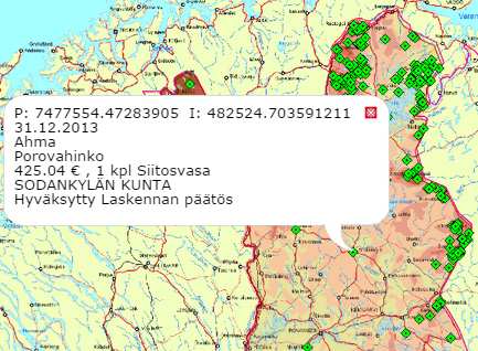 Sovellus keskittää karttanäkymän siten, että kyseisen alueen rajaviivat mahtuvat näytölle. Valitun alueen rajaviivat korostetaan.