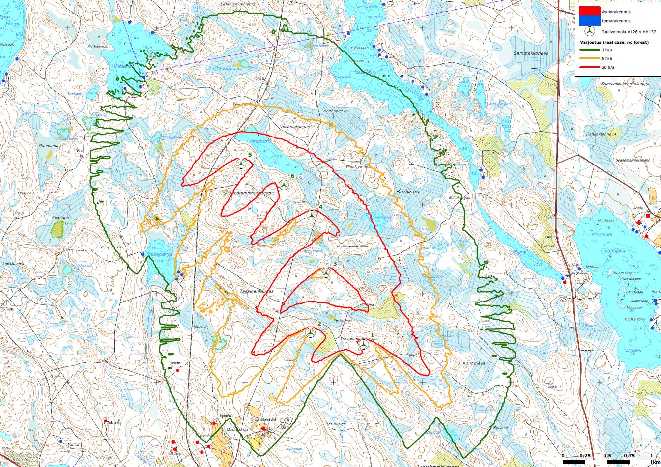 FCG SUUNNITTELU JA TEKNIIKKA OY Kaavaselostus 67 (86) 10.11.1 Luonnosvaiheen varjostusmallinnus Kuva 33. Varjostusmallinnus sekä laskentapisteet A-N, ei puuston vaikutusta mukana.