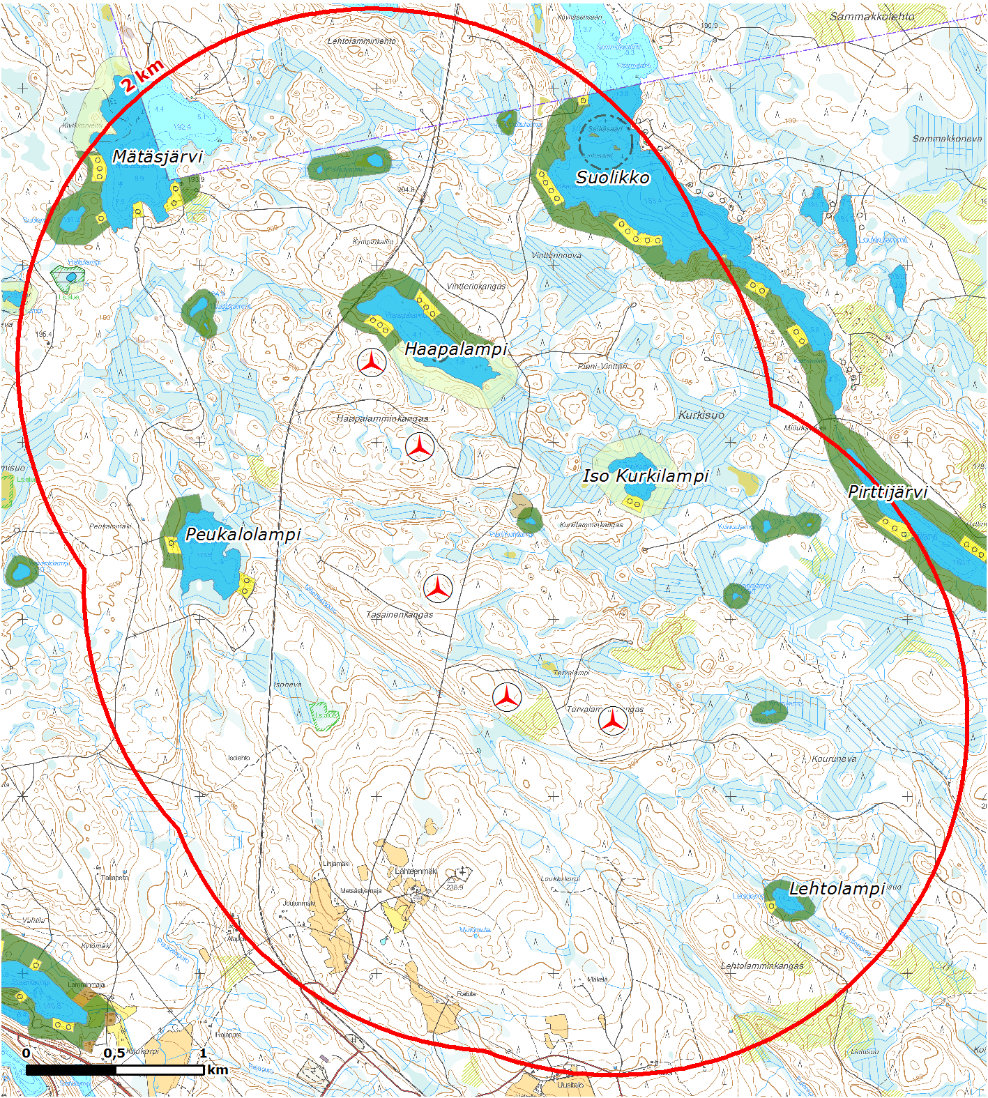 FCG SUUNNITTELU JA TEKNIIKKA OY Kaavaselostus 79 (86) Kuva 41 Voimaloiden sijainti suhteessa Saarijärven pienvesistöjen rantayleiskaavaan.