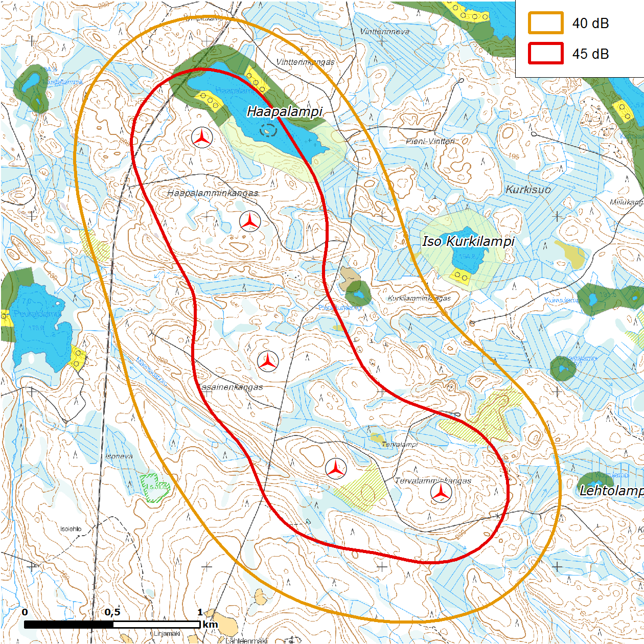 FCG SUUNNITTELU JA TEKNIIKKA OY Kaavaselostus 80 (86) Kuva 42 Haapalamminkankaan tuulivoimapuistonmelualueet suhteessa Saarijärven pienvesistöjen rantayleiskaavaan.