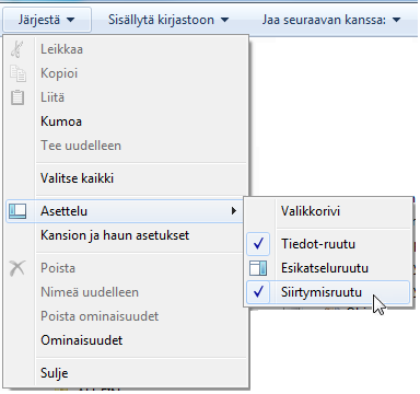 b Osoiterivi a Otsikkopalkki ja ohjauspainikkeet c Työkalurivi e Siirtymisruutu f Vaihda näkymää Kuva 16. Resurssienhallintaikkunan Järjestä (Organize) -valikko d Tiedotruutu Kuva 15.