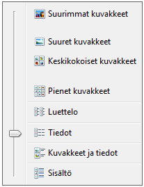 Kuva 17. Tiedot (Details) näkymä. Tiedot-näkymä on usein informatiivisin näkymä kansion sisältämien tiedostojen selailuun pudotusvalikosta. Kokeile eri näkymiä!