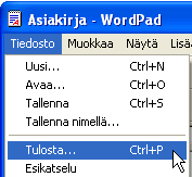 TULOSTUS Perustulostus (part ) Seuraavassa esimerkissä selitetään, kuinka WordPad-asiakirja tulostetaan. Varmista ennen tulostusta, että laitteeseen on laitettu oikeankokoista paperia.