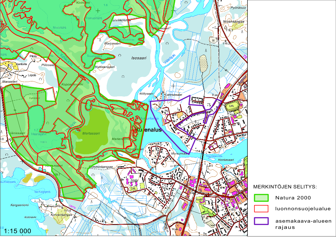 5 SUOJELUALUEET Heti selvitysalueen länsipuolella on Natura-alue Pudasjärvi (FI1103819) ja Pudasjärven lintuveden luonnonsuojelualue (YSA200206). Pudasjärven Natura-alueen koko on 548 ha.