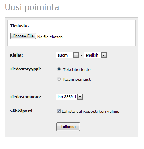 Sandstone termienpoimintapalvelu sivu 5/8 Kentät: Tiedosto: Valitse termien poimintaan lähetettävä tiedosto omalta tietokoneeltasi Kielet: Lähde- ja kohdekieli; 2-kielisessä termienpoiminnassa