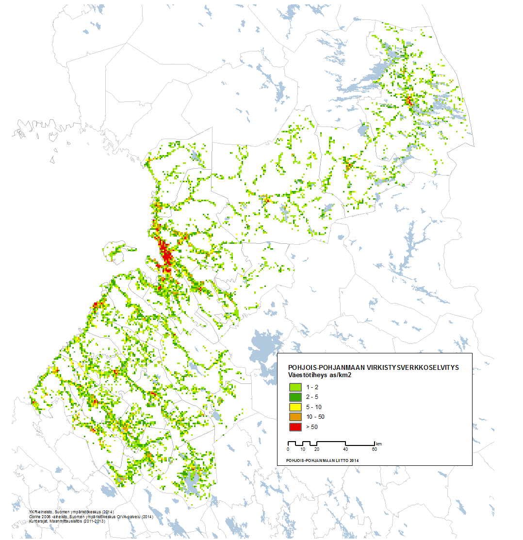 16 Kuva 3. Väestön sijoittuminen Pohjois-Pohjanmaalla. 3.4 Pohjois-Pohjanmaan kohteiden kävijätietoja Ulkoilualueiden ja luontokohteiden virkistyskysyntää on mahdollista arvioida konkreettisimmin olemassa olevien kävijätietojen perusteella.