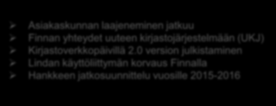2008-2011 2012 Finnan roadmap 2012-2014 2013 2014 Asiakaskunnan laajeneminen jatkuu Finnan yhteydet uuteen kirjastojärjestelmään (UKJ) Kirjastoverkkopäivillä 2.