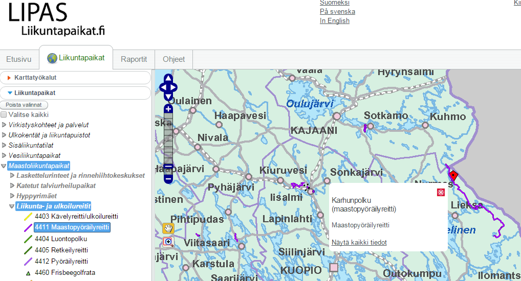 Lipas-tietokannasta jo löytyvien maastopyöräilyreittien pituus vaihteli 4-144 kilometrin välillä. Reitin keskipituus oli 33 km.