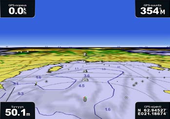 Kartat ja 3D-karttanäkymät 3-ulotteinen 3-ulotteinen näkymä on näkymä takaviistosta veneen yläpuolelta navigoinnin tueksi.