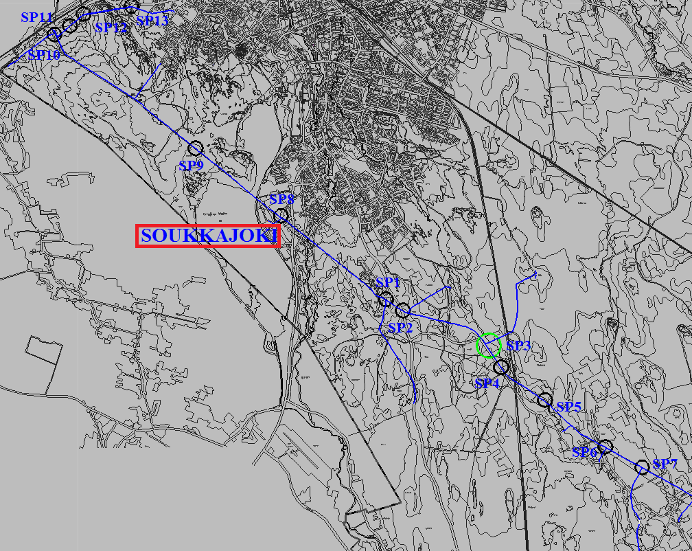 57 Kuva 5.24: Soukkajoki J8 johtolähtö ja simulaation solmupisteet Suuri osa johtopituudesta on avojohtoa ja varayhteyksiä on niukasti.